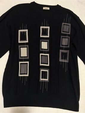 Tagio Black Crewneck Sweater with Gray and Cream Square Motif